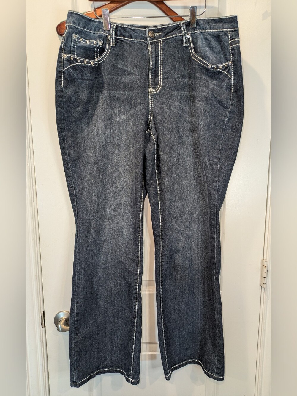 Earl Jean 18W Bootcut Jeans Stretch Dark Wash Rhinestone Fleur De Lis Plus Size